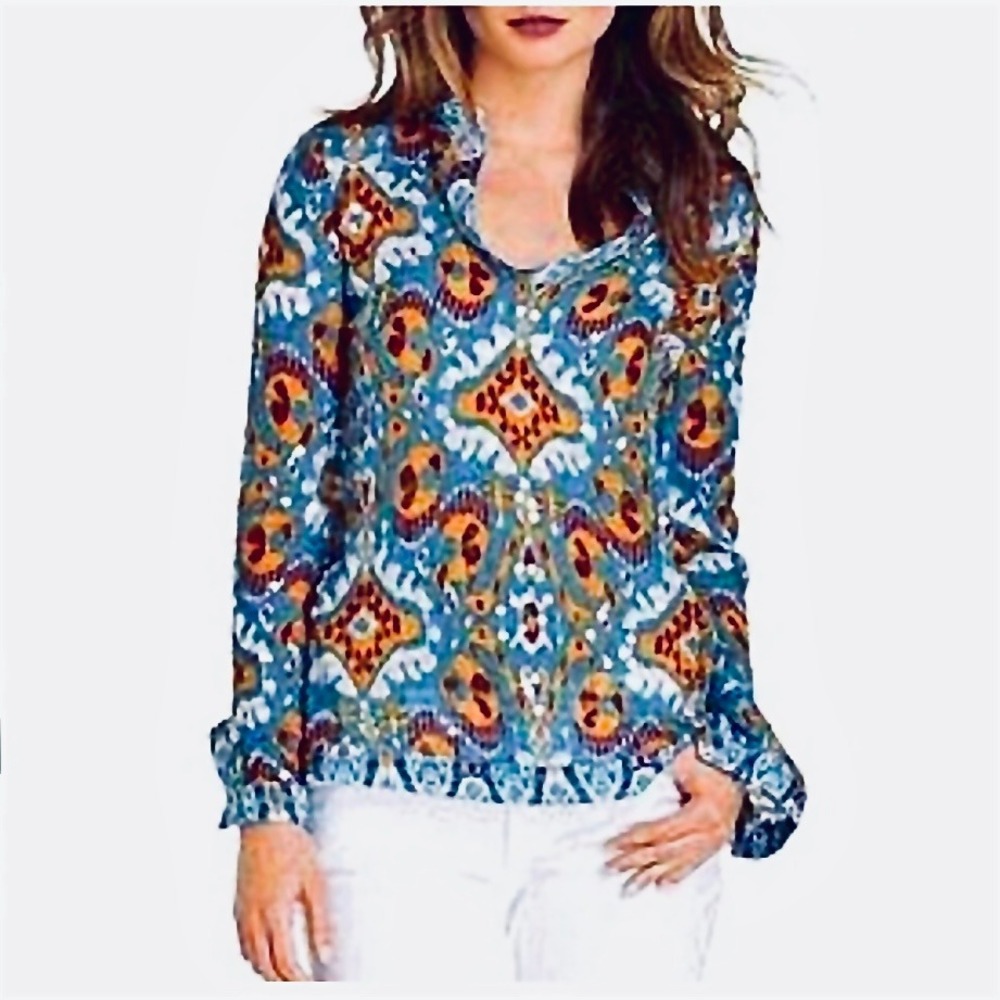 Tory Burch Stephanie Silk Blend Ikat Print Sequin Tunic Top Boho Womens 6